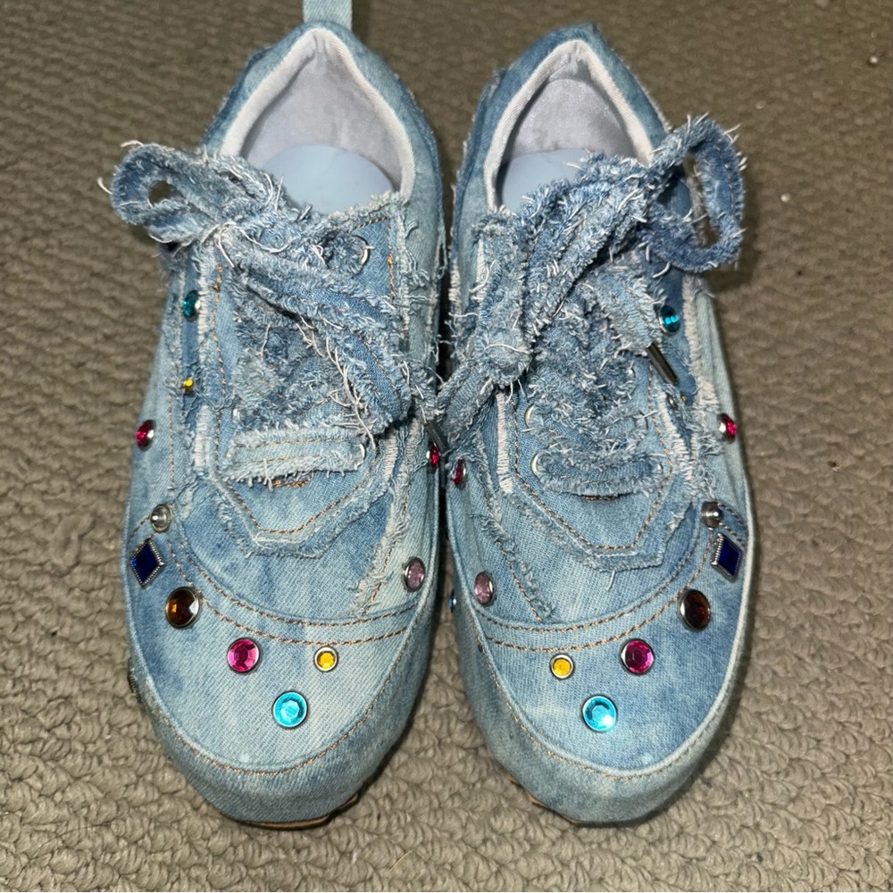 Azalea Wang Distressed Denim Platform Jeweled  Sneakers